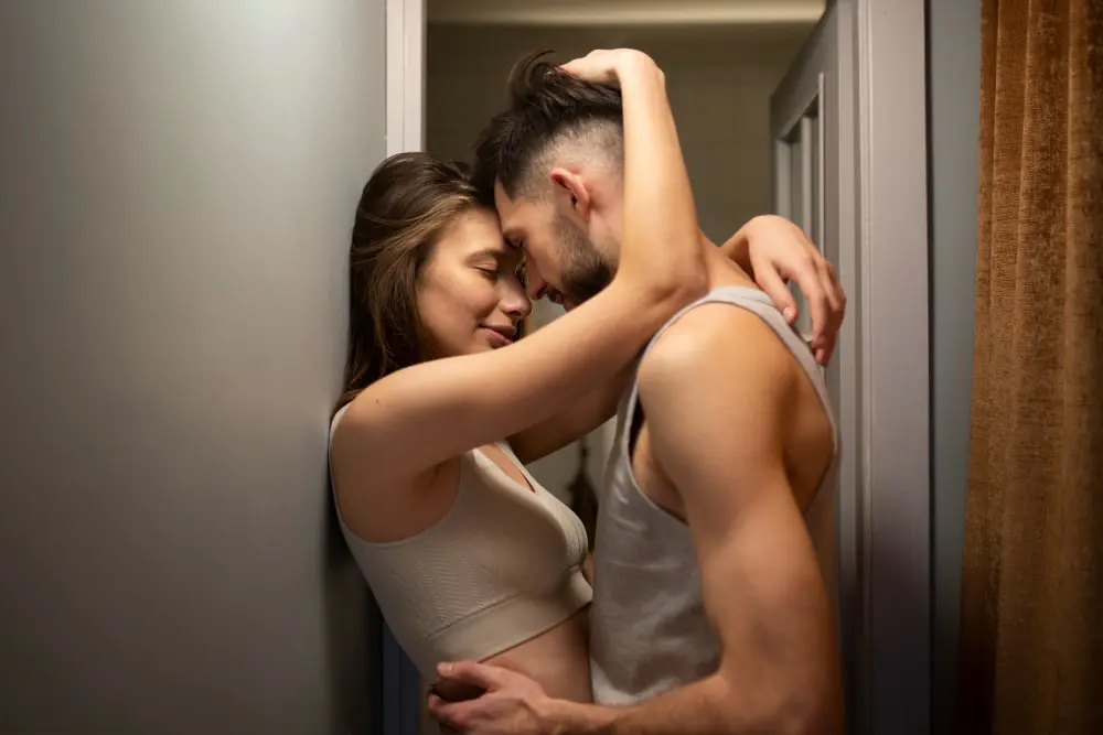 A couple sharing a warm, tender moment