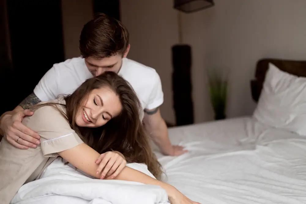 Couple talking openly and warmly before intimacy with deep emotional verbal connection
